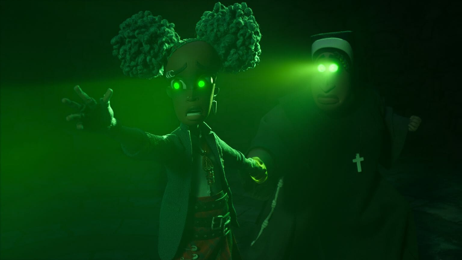 New Arrivals for Netflix October 2022 The young goth girl Kat is held back and dragged away by a nun in a boarding school while they both shoot green beams from their eyes in WENDELL & WILD coming to Netflix in October 2022.