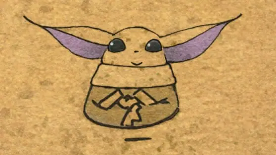 A 2D hand drawn picture of Baby Yoda smiling from the Studio Ghibli animated Star Wars short GROGU AND DUST BUNNIES, new on Disney+ in November 2022.