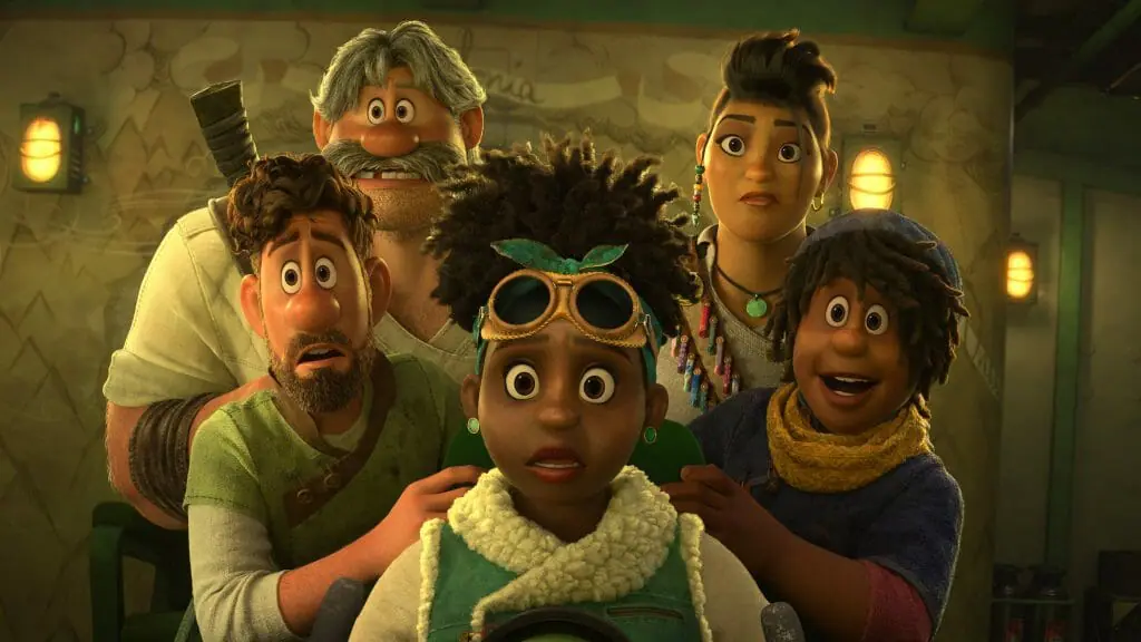 The legendary Clade family of explorers steer the flying Venture ship over a sea of acid in the Disney animated film STRANGE WORLD.