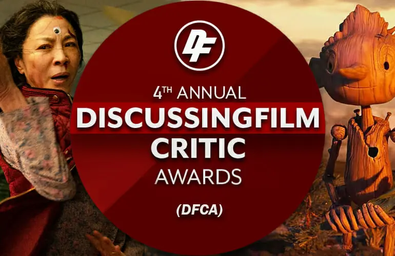 The logo for the 2023 DiscussingFilm Critic Awards winners featuring Everything Everywhere All at Once and Guillermo del Toro's Pinocchio.