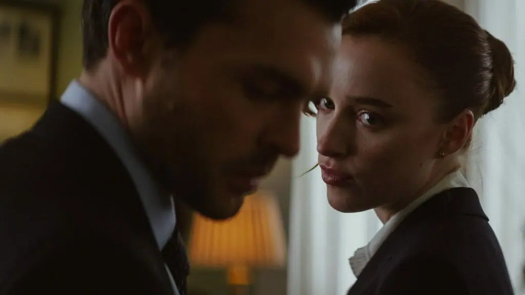 Alden Ehrenreich and Phoebe Dynevor star as the engaged couple Luke and Emily in the erotic office thriller FAIR PLAY directed by Chloe Domont.