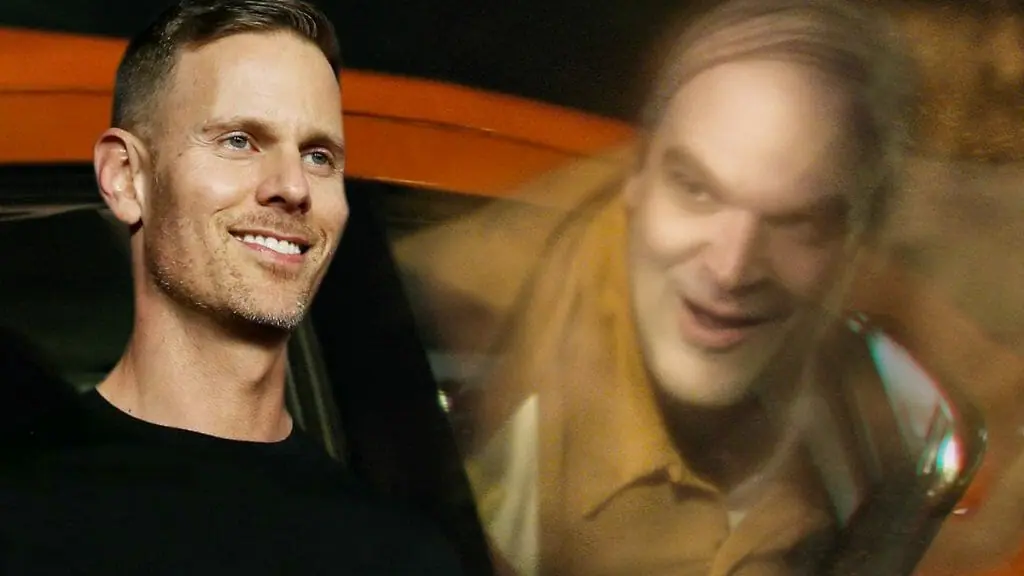 Director Christopher Landon next to a photo of David Harbour as Ernest the silent and harmless ghost from his Netflix original film WE HAVE A GHOST.