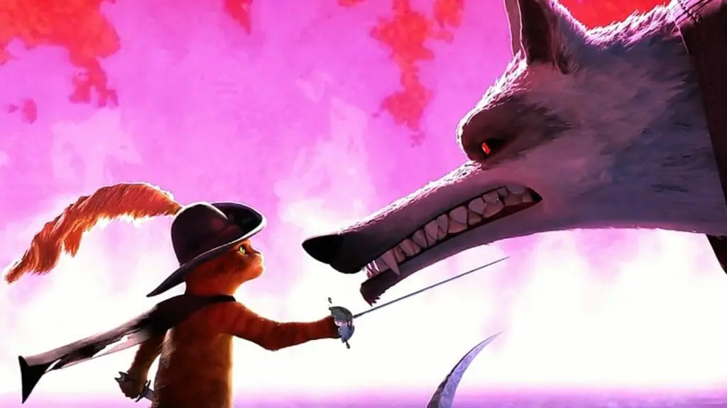 Puss in Boots sticks his sword in the face of Death aka the Big Bad Wolf in front of purple flames during the final epic battle of PUSS IN BOOTS: THE LAST WISH.