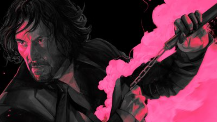 An exclusive pink and black poster revealed by DiscussingFilm showing John Wick going into battle with nunchucks for our exclusive interview with JOHN WICK: CHAPTER 4 director Chad Stahelski.