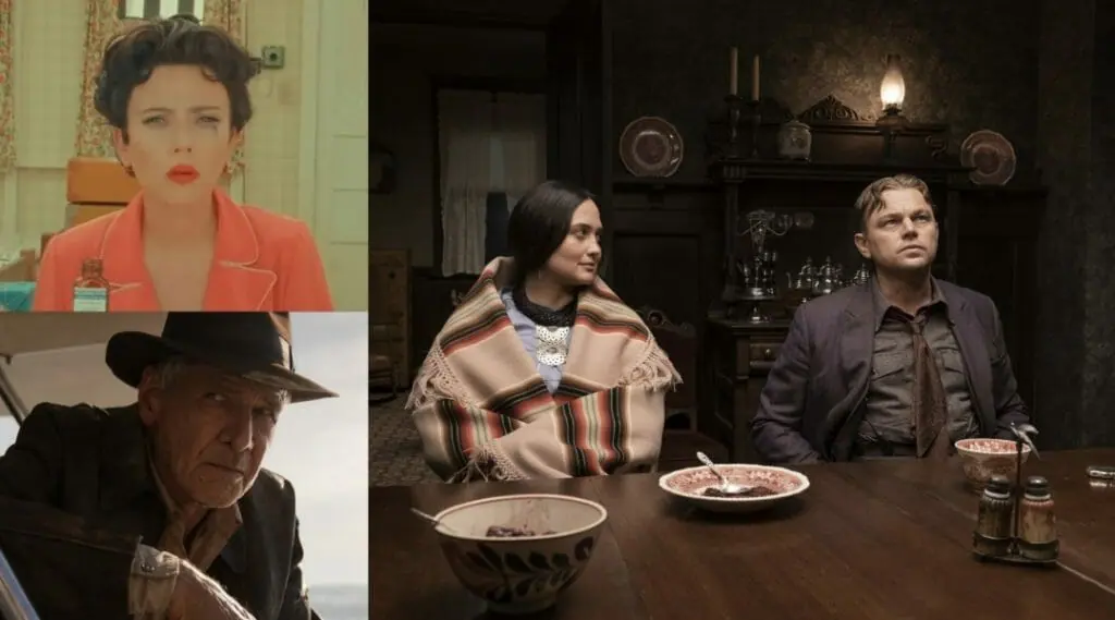 A collage of images from ASTEROID CITY directed by Wes Anderson, INDIANA JONES AND THE DIAL OF DESTINY directed by James Mangold, and KILLERS OF THE FLOWER MOON directed by Martin Scorsese, all films selected in the official 2023 Cannes Film Festival lineup.