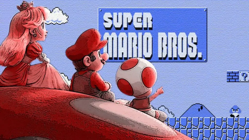 A graphic of Mario, Peach, and Toad from THE SUPER MARIO BROS. MOVIE sitting on a giant mushroom in front of the start screen from the classic 1985 Super Mario Bros. Nintendo game for our exclusive DiscussingFilm interview with directors Aaron Horvath and Michael Jelenic.