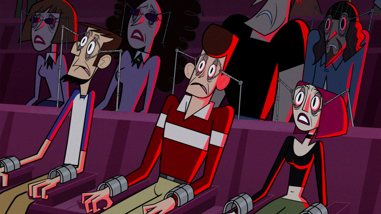 Abe Lincoln, JFK, and Joan of Arc look horrified while they're strapped to chairs with their eyelids forced open in the new season of the animated series CLONE HIGH created by Phil Lord and Chris Miller.