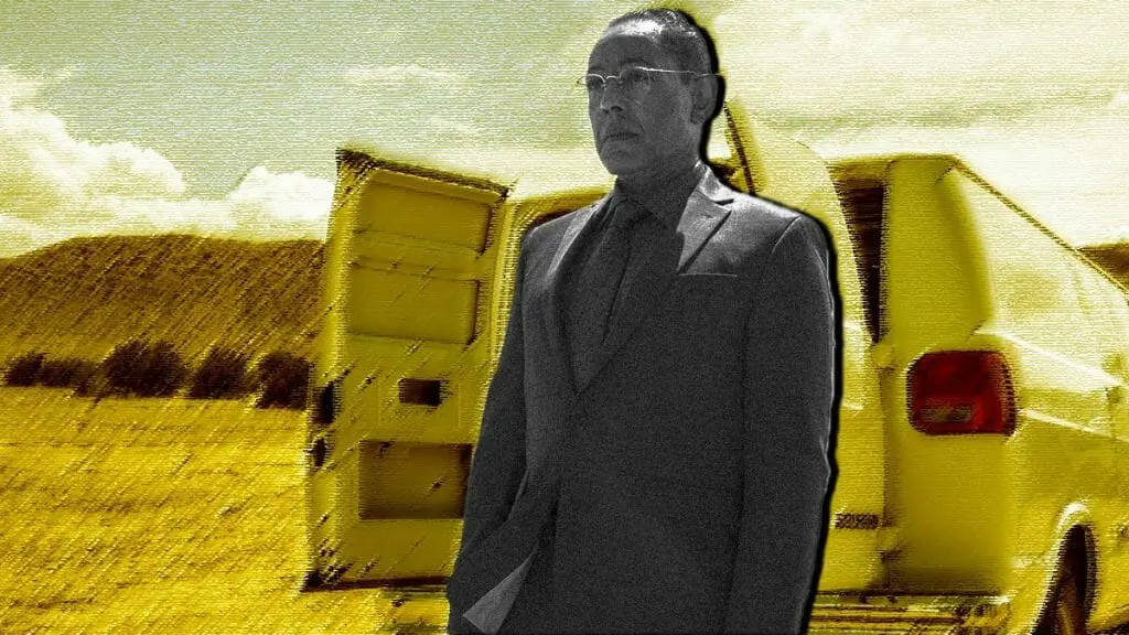 A graphic of Giancarlo Esposito as Gus Fring standing in front of a van in the desert from BETTER CALL SAUL Season 6 in gold and black and white colors.