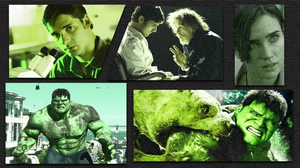 A colorful green collage of iconic shots from the 2003 HULK movie directed by Ang Lee, featuring actors Eric Bana, Jennifer Connelly, and Nick Nolte.