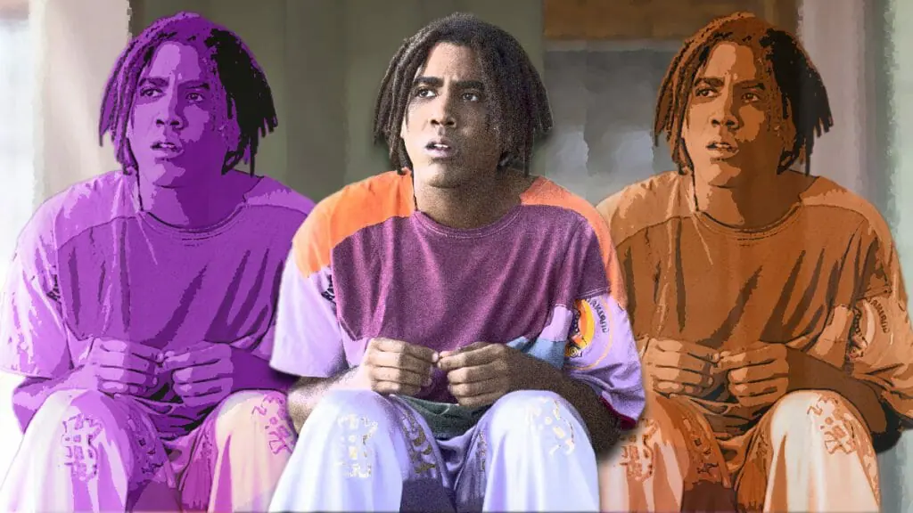 A purple and orange colored graphic of Jharrel Jerome as a 13-foot-tall young black man named Cootie in the Prime Video original series I'm A VIRGO.