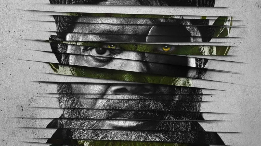 The main poster for the Disney+ original Marvel series SECRET INVASION featuring Nick Fury's face overlapped with the green face of an evil Skrull.