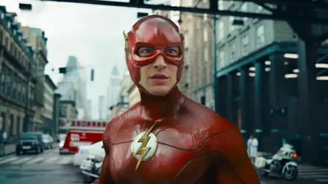 Ezra Miller stars as Barry Allen in his new sleek and updated Flash costume in THE FLASH (2023).