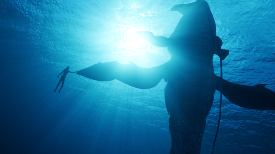 The young Na'vi boy Neteyam holds the giant fin of a Tulkun whale underwater in a beautiful shot from AVATAR: THE WAY OF WATER which is now streaming on Disney+ in June 2023.