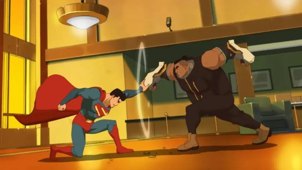Superman and a supervillain punch each other's fists and create a powerful sound wave during an epic battle in the new animated series MY ADVENTURES WITH SUPERMAN, new to streaming on Max in July 2023.