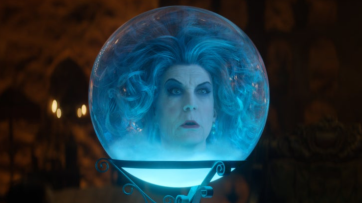 Jamie Lee Curtis stars as the head of Madame Leota in a blue crystal ball in the 2023 HAUNTED MANSION movie.