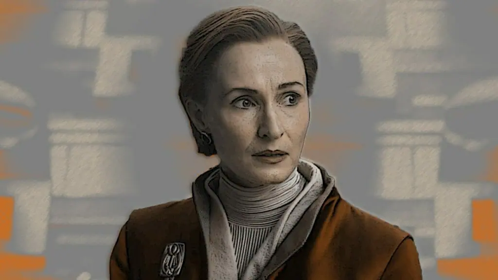 A new sepia colored graphic of actress Genevieve O'Reilly in costume as Mon Mothma from the Disney+ original series ANDOR.