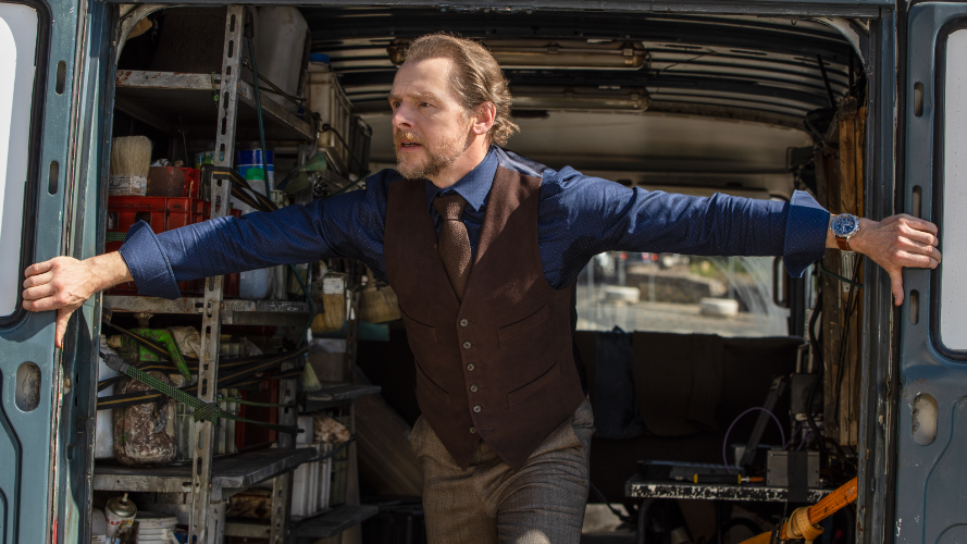 Simon Pegg stars as Benji Dunn in the middle of an intense action scene in MISSION: IMPOSSIBLE - DEAD RECKONING PART ONE.