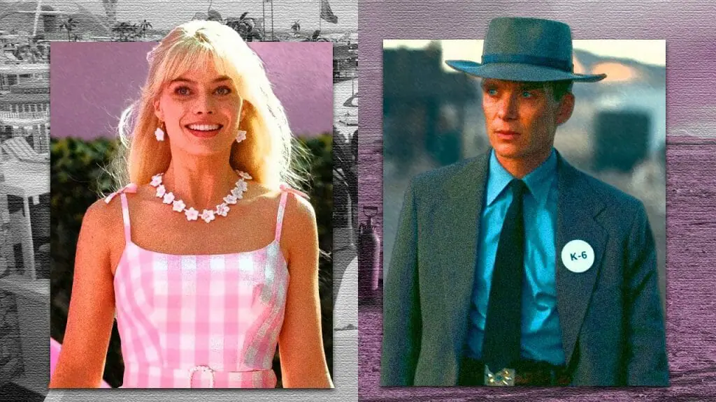 A Barbenheimer graphic showing Margot Robbie and Cillian Murphy on opposite sides for our BARBIE and OPPENHEIMER Oscar predictions.