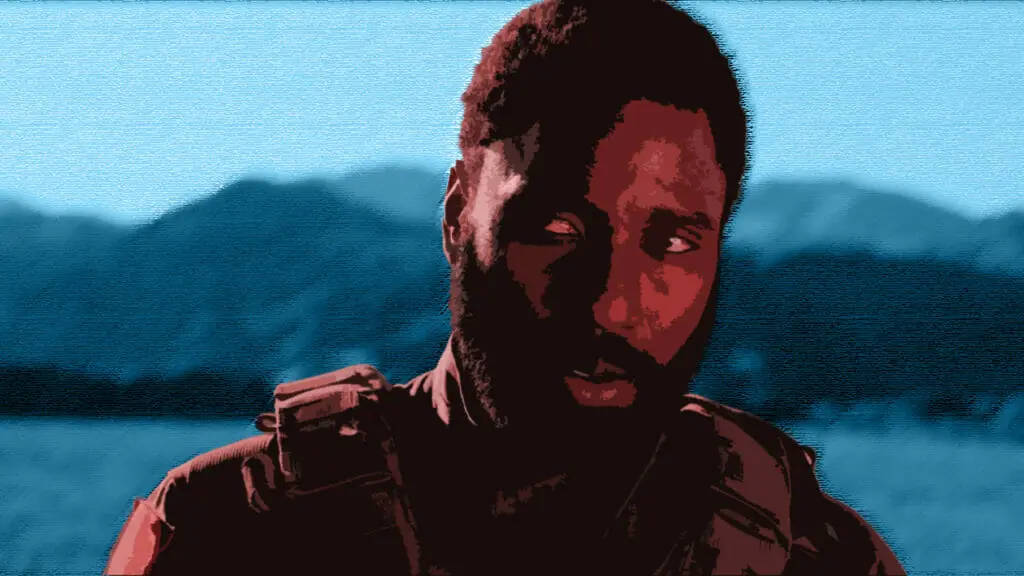 A red and blue colored graphic edit of John David Washington as The Protagonist during the climactic emotional scene of TENET directed by Christopher Nolan.