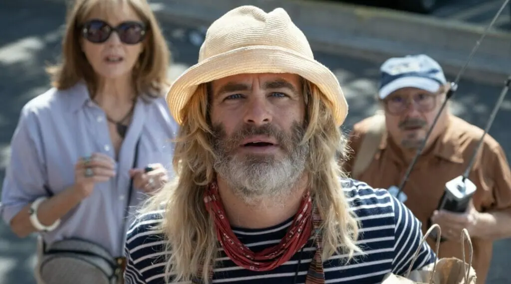 Annette Bening, Chris Pine, and Danny DeVito make confused funny faces together in Chris Pine's feature directorial debut POOLMAN.