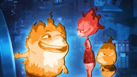 A colorful graphic of fire element Ember Lumen with her immigrant parents for our exclusive interview with ELEMENTAL director Peter Sohn.