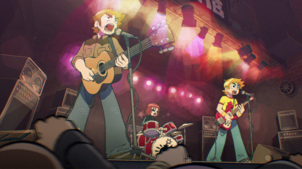 Scott Pilgrim's band Sex Bob-omb performs at the battle of the bands to a large crowd in the Netflix original animated series SCOTT PILGRIM TAKES OFF.