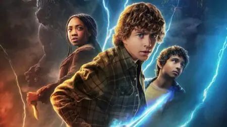 Walker Scobell, Leah Sava Jeffries, and Aryan Simhadri star as Percy Jackson, Annabeth Chase, and Grover in the official poster for the PERCY JACKSON AND THE OLYMPIANS Disney+ show.