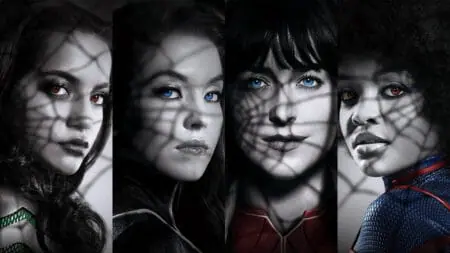 A collage of the character posters for Dakota Johnson as Madame Web and the three Spider-Women played by Sydney Sweeney, Celeste O'Connor, and Isabela Merced for our exclusive interview with MADAME WEB producer Lorenzo di Bonaventura.