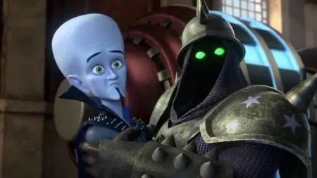 Megamind voiced by Keith Ferguson makes an awkward face as Lord Nighty-Knight voiced by Talon Warburton gives him a big hug in the animated sequel MEGAMIND VS. THE DOOM SYNDICATE streaming only on Peacock.
