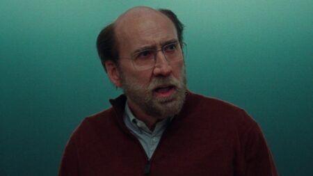 Nicolas Cage makes a confused and funny face as Paul Matthews in the A24 surrealist comedy DREAM SCENARIO coming to the Max streaming service in March 2024.