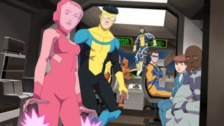 The superheroes Invincible, Atom Eve, Robot, The Immortal, Monster Girl, Shapesmith, and Black Samson pose together as the new Guardians of the Globe in INVINCIBLE Season 2 Part 2 streaming only on Prime Video.