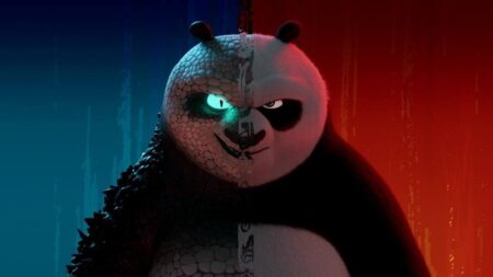 Po faces off against the Chameleon who's shape-shifted into an evil clone version of him in a half blue, half red split screen shot from the final epic fight scene of KUNG FU PANDA 4.