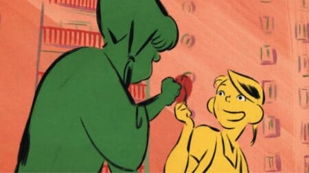 The young girl Linda, who's only colored yellow, makes a huge smile as she chats with her best friend Carmen, who's only colored green, in the award-winning French 2D animated film CHICKEN FOR LINDA!