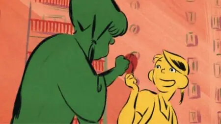 The young girl Linda, who's only colored yellow, makes a huge smile as she chats with her best friend Carmen, who's only colored green, in the award-winning French 2D animated film CHICKEN FOR LINDA!