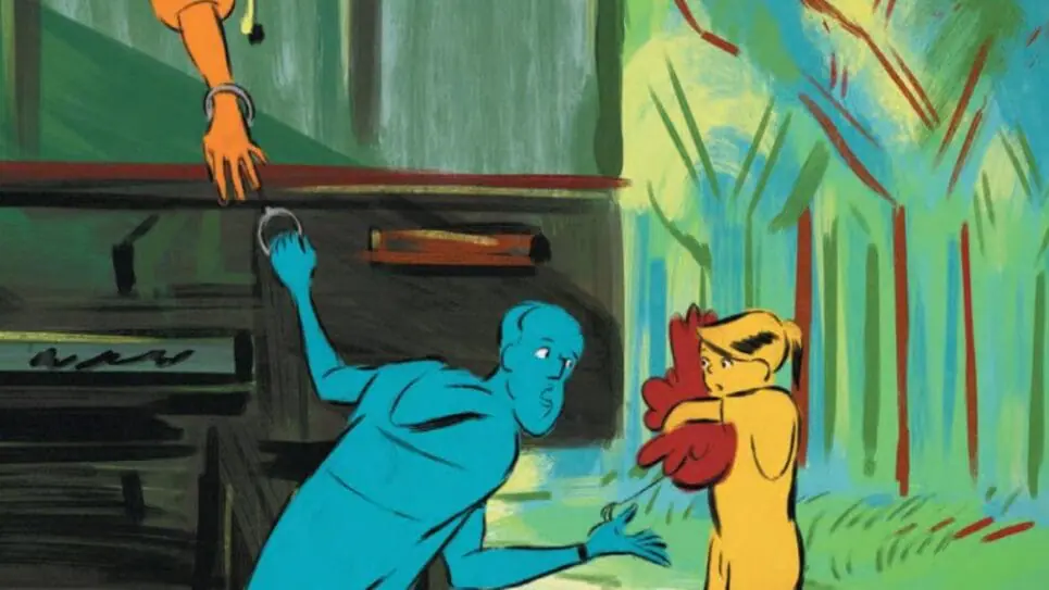 The young girl Linda, who's only colored yellow, holds a red chicken as she talks to the rookie police officer Serge, who's only colored blue, in the French abstract 2D animated film CHICKEN FOR LINDA!