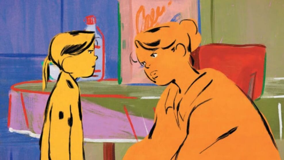 The young girl Linda, who's only colored yellow, has a tough conversation with her mom Paulette, who's only colored orange, in their home kitchen in the stylistic French 2D animated film CHICKEN FOR LINDA!