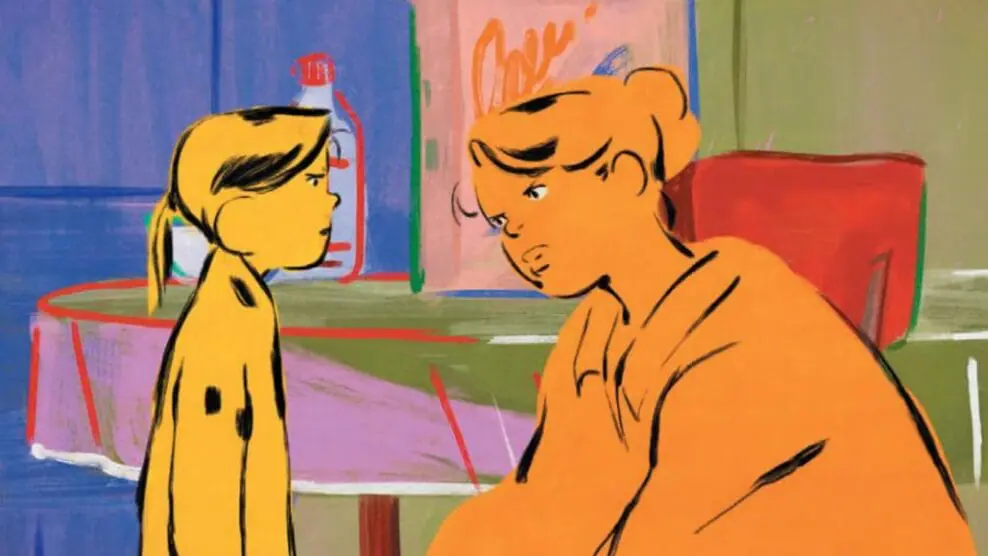 The young girl Linda, who's only colored yellow, has a tough conversation with her mom Paulette, who's only colored orange, in their home kitchen in the stylistic French 2D animated film CHICKEN FOR LINDA!