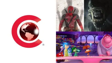 A graphic of the official CinemaCon 2024 logo for the Walt Disney Pictures presentation with photos of DEADPOOL 3, INSIDE OUT 2, and ALIEN: ROMULUS.