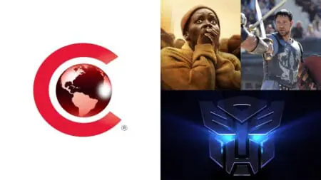 A graphic of the official CinemaCon 2024 logo for the Paramount Pictures presentation with photos of Transformers, Gladiator 2, and A Quiet Place: Day One.