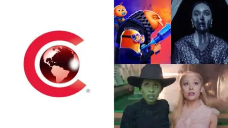 A graphic of the official CinemaCon 2024 logo for the Universal Pictures and Focus Features presentation with photos of WICKED, DESPICABLE ME 4, and NOSFERATU.