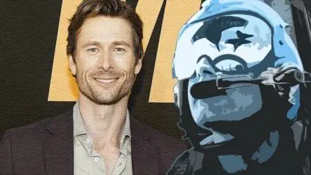 A vibrant yellow and blue graphic collage of actor and producer Glen Powell next to a Blue Angel pilot from THE BLUE ANGELS documentary film on Prime Video.