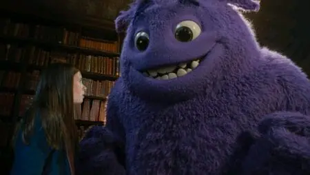The young girl Bea played by Cailey Fleming comes face to face with the big yet adorable purple furry monster imaginary friend Blue voiced by Steve Carell in the family movie IF.