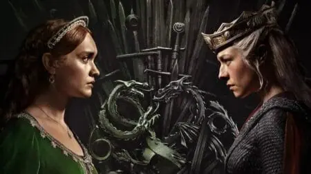 Rhaenyra Targaryen played by Emma D’Arcy and Alicent Hightower played by Olivia Cooke face off against each other on the official poster for HBO's HOUSE OF THE DRAGON Season 2 coming to the Max streaming service in June 2024.