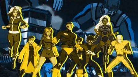 A vibrant yellow and blue graphic of the X-Men team posing together in their old school costumes for our exclusive interview with X-MEN '97 supervising director Jake Castorena.