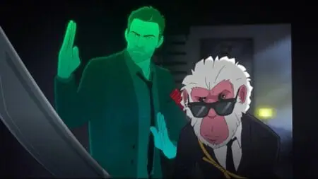 Hit-Monkey shows off his sleek katana sword while his partner, the ghost of assassin Bryce Fowler voiced by Jason Sudeikis, strikes a funny fighting pose next to him in HIT-MONKEY Season 2 coming to Hulu and Disney+ in July 2024.