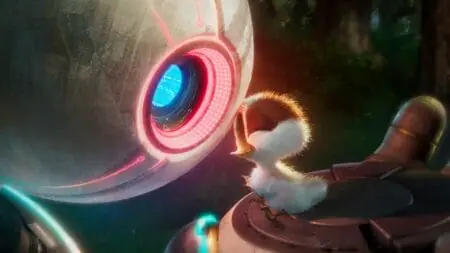 A sleek white robot named ROZZUM unit 7134, or Roz for short, holds an adorable Gosling chick up to its bright blue and red circular eyes in the DreamWorks animated film THE WILD ROBOT written and directed by Chris Sanders.