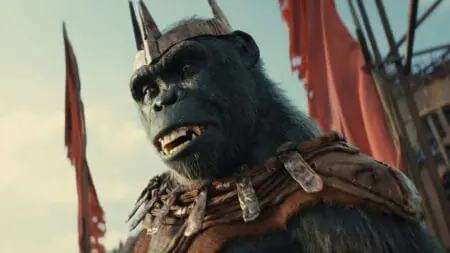 Proximus Ceasar watches over his servants in KINGDOM OF THE PLANET OF THE APES which is coming to Hulu and Disney+ in August 2024.