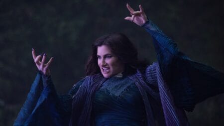 Kathryn Hahn waves her hands around and casts a spell as the Marvel villain Agatha Harkness in the new Marvel series AGATHA ALL ALONG premiering on Disney+ and Hulu in September 2024.