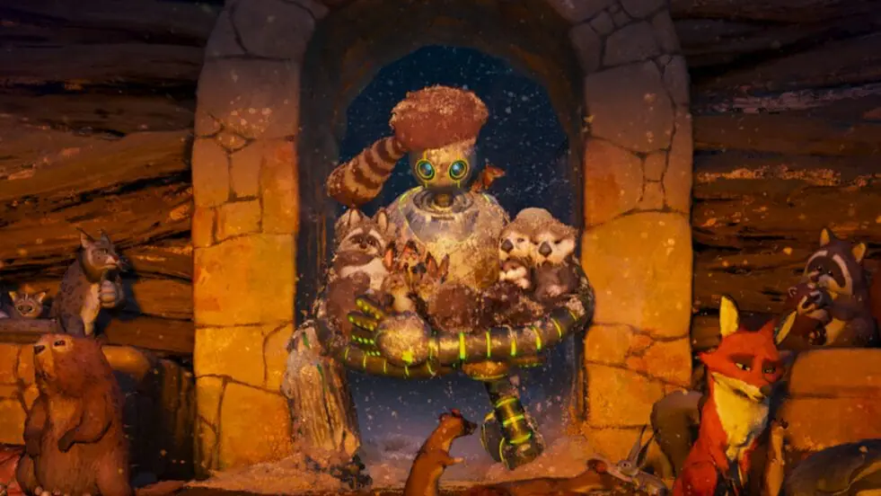 Roz the tall white robot walks into a cozy hut carrying raccoons, bunnies, otters, and other forest critters from the outside snow storm to warm them up inside and save them from freezing in the DreamWorks animated film THE WILD ROBOT. 
