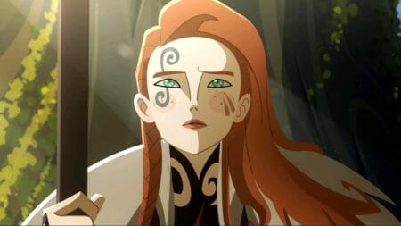 The Norse warrior Sigrid voiced by Sylvia Hoeks strikes a noble pose while showing off her face tattoos in the mythological animated series TWILIGHT OF THE GODS created by Zack Snyder, coming to Netflix in September 2024.